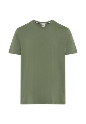 Schlichtes olivgrünes T-Shirt mit kurzen Ärmeln und Rundhalsausschnitt, mit glatter Textur und ohne sichtbare Muster oder Logos.