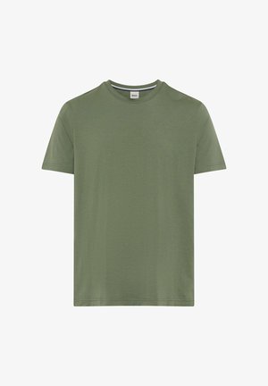 Effen olijfgroen T-shirt met korte mouwen en een ronde hals, met een gladde textuur zonder zichtbare patronen of logo's.