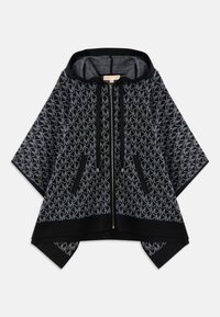 Black hooded poncho with a textured gray pattern featuring a repeating logo. Two zippered pockets and a front zipper closure. Soft fabric.
