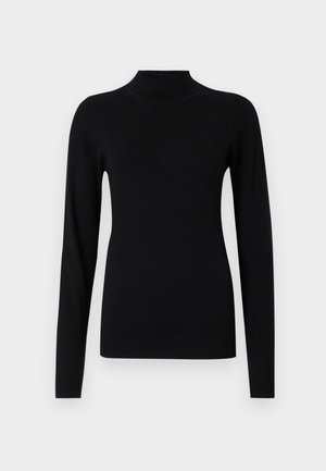 Zwarte coltrui gemaakt van gladde, lichte stof. Heeft lange mouwen en aansluitende manchetten, met ribbeltextuur aan de onderkant.