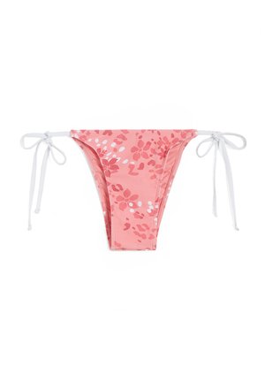 Light pink bikini bottoms with floral patterns in darker pink and white. Features side ties with white cord. Smooth, stretchy fabric.