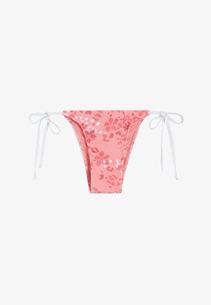 Light pink bikini bottoms with floral patterns in darker pink and white. Features side ties with white cord. Smooth, stretchy fabric.