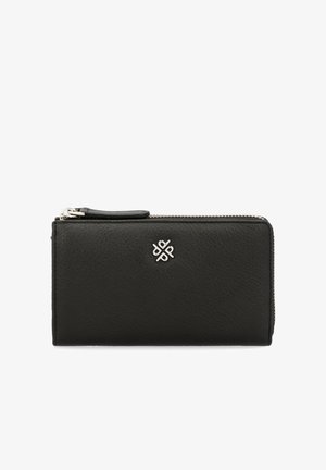 Black leather wallet featuring a textured finish, silver hardware, and a zip closure. It has a decorative silver emblem on the front.