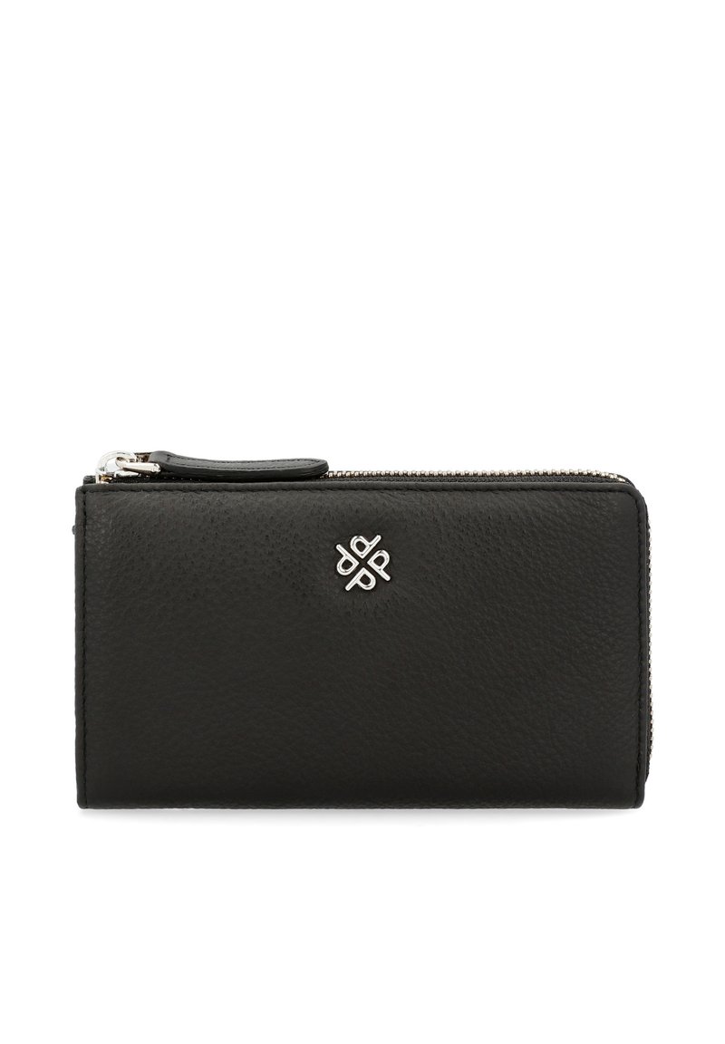 Black leather wallet featuring a textured finish, silver hardware, and a zip closure. It has a decorative silver emblem on the front.