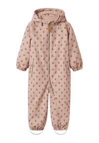 Gevoerd roze jumpsuit met een kersenprint, voorzien van een volledige rits, elastische manchetten en lusbandjes bij de enkels. Zachte binnenvoering.