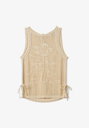Sleeveless beige crochet knit top with a floral pattern in the center and tied side strings at the hem.