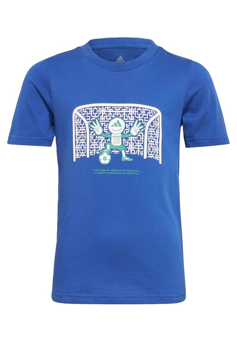 Camiseta de algodón azul con un estampado gráfico de un personaje de dibujos animados en pose de portero, sosteniendo un balón de fútbol. Mangas cortas y cuello redondo.