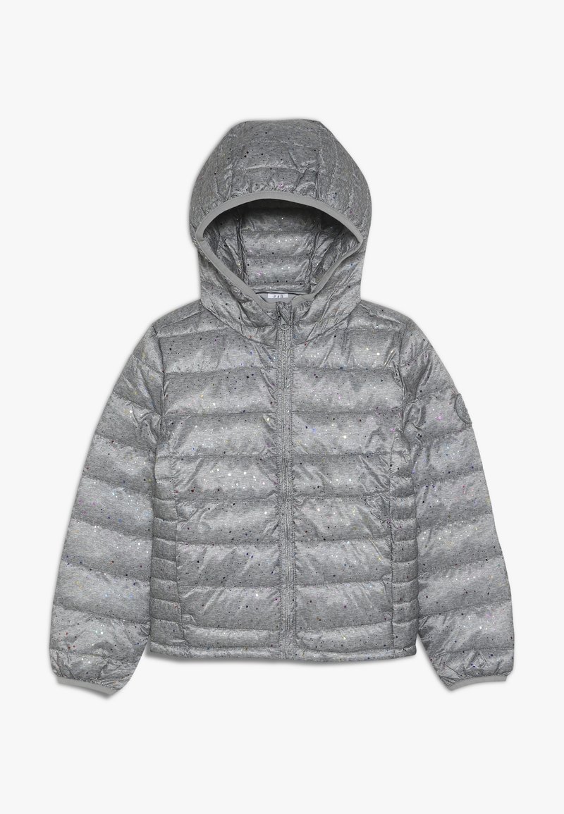 Giacca a vento argentata con cappuccio, caratterizzata da un design trapuntato e sottili puntini iridescenti. Texture liscia e chiusura frontale con zip.