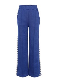 Blauwe wijde beenbroek van een gestructureerde stof, met een rekbare tailleband en zijstrepen met hartpatronen in crèmekleur.