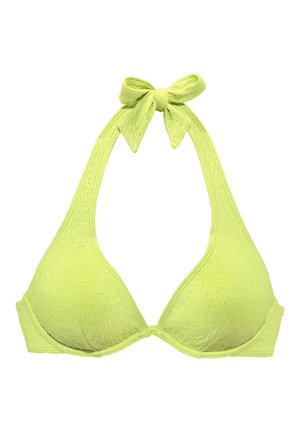Limettengrünes, strukturiertes Bikini-Oberteil mit gepolsterten Cups und Neckholder-Verschluss, entworfen für Bade- oder Strandbekleidung.