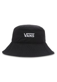 Czarny kapelusz typu bucket wykonany z teksturowanej tkaniny z szerokim rondem. Z przodu znajduje się biały logo "VANS".