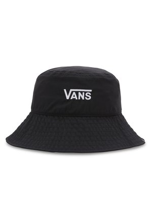 Chapeau seau noir en tissu texturé avec une large bordure. Présente le logo "VANS" en blanc sur le devant.