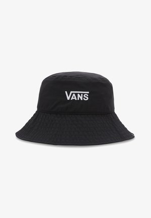 Czarny kapelusz typu bucket wykonany z teksturowanej tkaniny z szerokim rondem. Z przodu znajduje się biały logo "VANS".