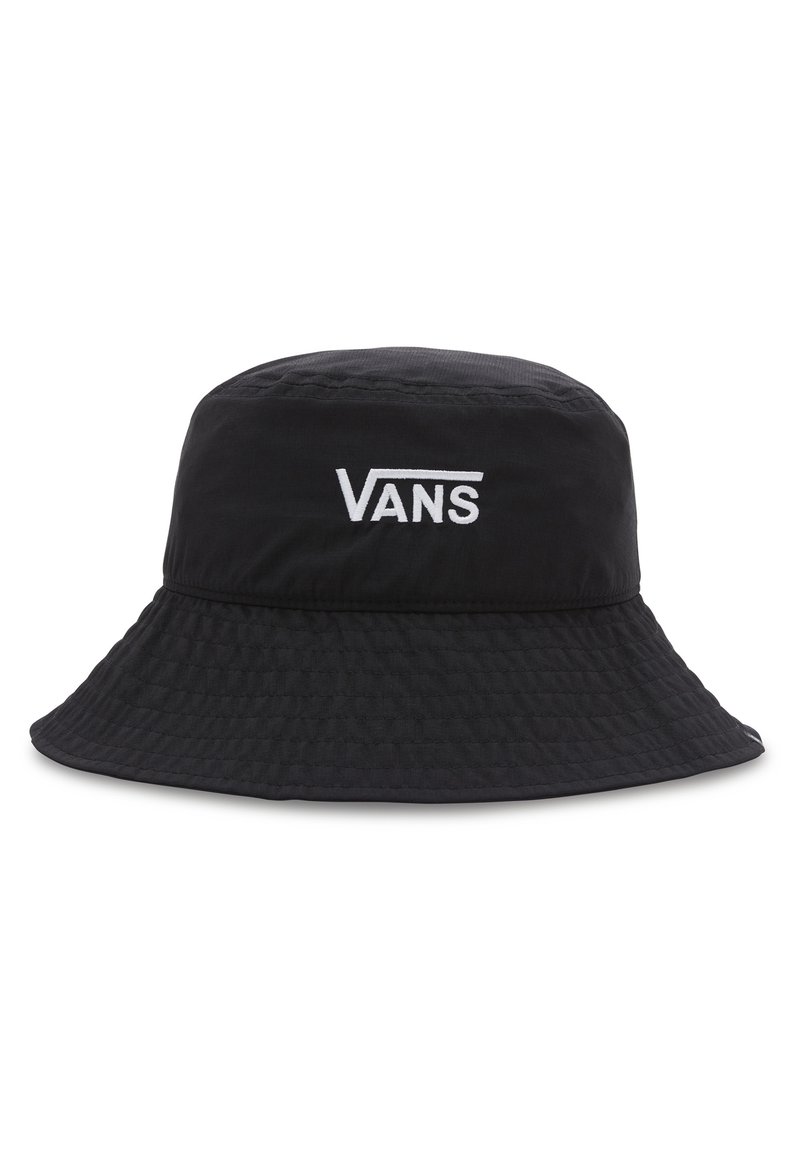 Czarny kapelusz typu bucket wykonany z teksturowanej tkaniny z szerokim rondem. Z przodu znajduje się biały logo "VANS".