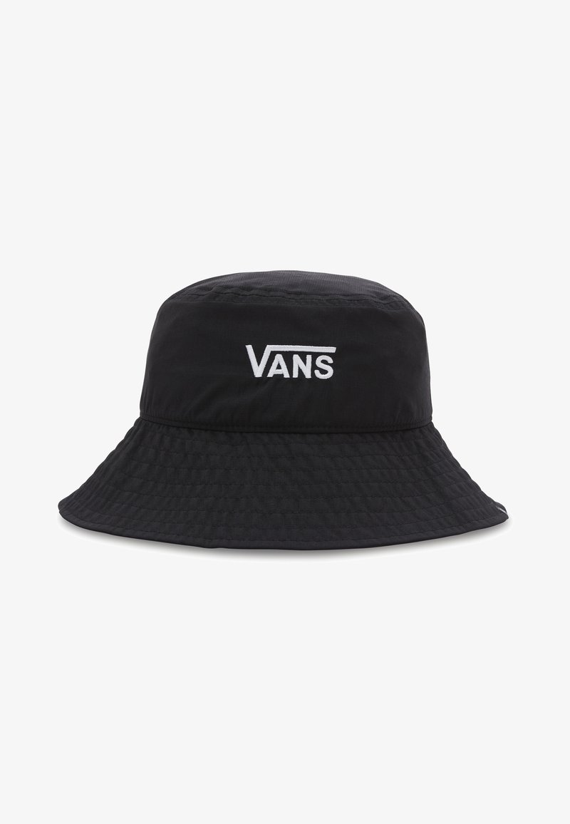 Cappello a secchiello nero realizzato in tessuto testurizzato con un'ampia visiera. Presenta il logo bianco "VANS" sul davanti.