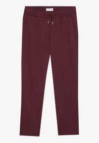 Bordo jogger hlače z elastičnim pasom, nastavljivim vrvico, stranskimi žepi in zoženimi nogami; narejene iz mehkega, teksturiranega blaga.