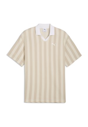 Beżowo-kremowa koszulka polo z krótkim rękawem w pionowe paski, z białym kołnierzykiem i logo Puma na lewej piersi.