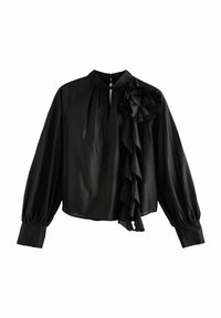 Sort bluse med lange ærmer, høj hals, nøglehulåbning og blomsteraccent. Har flæsedetaljer langs den ene side og en glat stofstruktur.