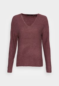 Maglione a maglia borgogna con scollatura a V, maniche lunghe, texture a coste e vestibilità rilassata. Linee pulite senza motivi visibili o accessori.