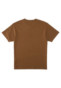 Brown cotton t-shirt with short sleeves and a crew neck. Smooth texture, plain design without patterns or graphics.