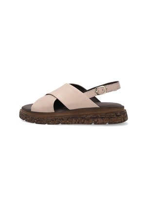 Beige lædersandal med brede krydsede stropper, justerbar ankelrem, polstret indersål og tekstureret brun platformsål.
