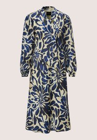 Langärmliges Midikleid mit navy und beige abstraktem Blumenmuster, das einen hohen Kragen mit einem drapierten Schaldetail aufweist.