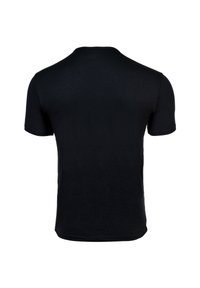 Camiseta de manga corta negra, hecha de algodón. Cuello redondo simple, textura suave y forma ajustada con dobladillo recto. Sin marcas visibles.