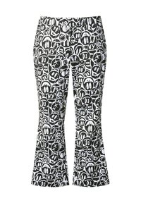 Zwart-witte uitlopende broek met een herhaald patroon van cartoonachtige gezichten en symbolen, voorzien van een elastische tailleband en een gladde textuur.