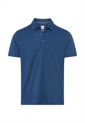 Navy blue polo shirt made from soft cotton blend, featuring a classic collar, three-button placket, and short sleeves. Smooth texture, tailored fit.