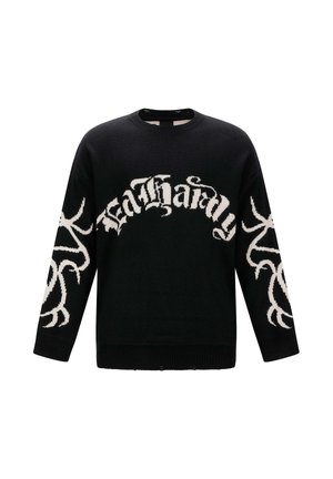 Zwarte gebreide trui met een opvallende witte "Death" grafiek op de borst en complexe witte patronen op de mouwen.