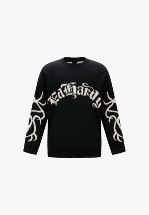 Black knit sweater featuring a prominent white "Death" graphic across the chest and intricate white patterns on the sleeves.