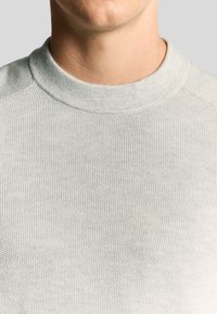 Lichtgrijze crewneck trui met een textuurpatroon, voorzien van een geribde kraag en raglanmouwen, en heeft een getailleerde pasvorm.