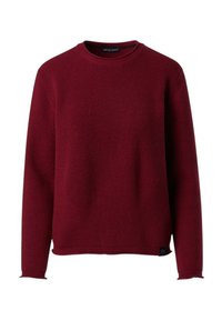 Maglione a costine bordeaux con scollo tondo, maniche lunghe e un motivo cucito; presenta un piccolo etichetta con logo nella parte inferiore sinistra.