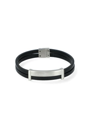 Bracelet à double bracelet en cuir noir avec une plaque métallique argentée gravée de "LANCERTO" et un fermoir magnétique argenté.