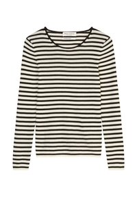 Gestreifter Langarmpullover in Schwarz und Creme mit geripptem Muster, rundem Halsausschnitt und geradem Schnitt. Das Etikett trägt die Aufschrift "Marc O'Polo".