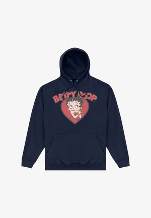 Granatowy hoodie z grafiką Betty Boop wewnątrz czerwonego serca, z napisem "BETTY BOOP" w pogrubionych literach powyżej.