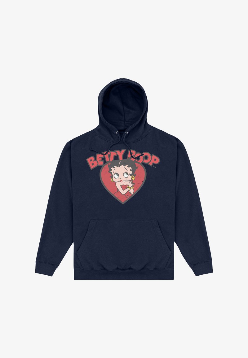 Granatowy hoodie z grafiką Betty Boop wewnątrz czerwonego serca, z napisem "BETTY BOOP" w pogrubionych literach powyżej.