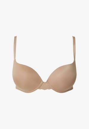 Beige gevoerde bh met gladde, naadloze cups, verstelbare dunne bandjes en kantaccenten in het midden en op de band voor een betere pasvorm en ondersteuning.
