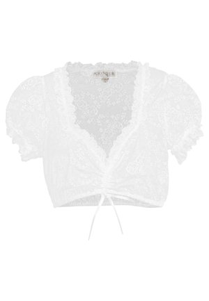 Weiße Spitzenbluse in Kurzform mit puffigen kurzen Ärmeln, gerafftem Ausschnitt, Blumenmuster und vorderer Kordelzug-Detail.