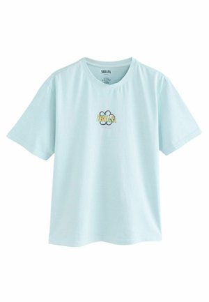 Light blue short-sleeve t-shirt made of soft fabric. Features a colorful "NIRVANA" graphic print on the front. Round neckline and relaxed fit.