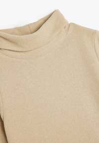 Beige turtleneck-neule, joka on valmistettu pehmeästä ja hienosta neuloksesta. Siinä on leveä, kaksinkertainen kaulus ja sileä pinta, jossa on vain vähäistä yksityiskohtaisuutta.