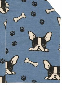 Bomullstyg i blått med ett mönster av svarta och vita franske bulldogans ansikten, vita ben och svarta tassavtryck jämnt fördelade över hela.