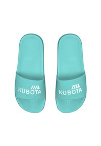 Sandales à glissière turquoise avec semelle texturée. Dotées d'une large bride embossée avec "KUBOTA" en blanc. Design lisse et léger.