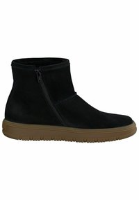 Botín de ante negro con cremallera lateral y suela de goma beige, que presenta una textura suave y un diseño minimalista.