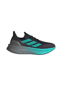 Scarpa da corsa nera con dettagli turchesi, caratterizzata da una parte superiore testurizzata, design a tre strisce e una soletta grigia spessa con l'etichetta "Light Boost".