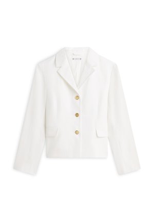 Λευκό σακάκι με εφαρμογή, γιακάδες με εγκοπή, τρία χρυσά κουμπιά στο μπροστινό μέρος και δύο μπροστινές τσέπες με καπάκι, απλωμένο επίπεδα.