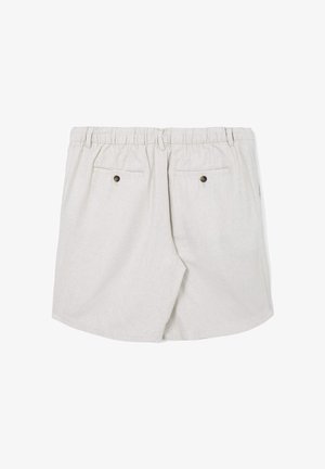 Pantaloncini beige chiaro con cintura elastica, dotati di due tasche posteriori con bottoni marroni e tessuto strutturato.