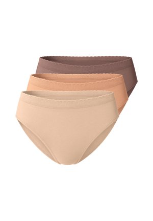 Drei Paare Damenunterwäsche in verschiedenen Farbtönen: dunkelbraun, mittelbraun und hellbeige. Hergestellt aus glattem Stoff mit gewellten elastischen Taillenbunden.