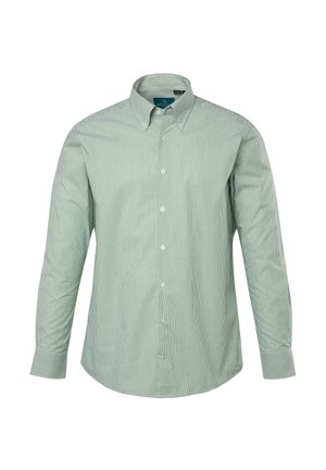 Camicia a maniche lunghe a strisce verde chiaro con colletto a bottone e bottoni frontali. Realizzata in tessuto liscio, presenta un design a vestibilità regolare.