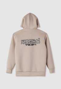 Felpa beige con cappuccio regolabile. Presenta una grande scritta grafica "World Pressure 7634" sul retro in grigio. Tessuto liscio e texturizzato.